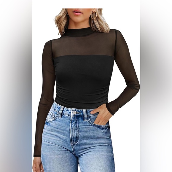 Tops - Elegant Black Sheer Long Sleeve Top